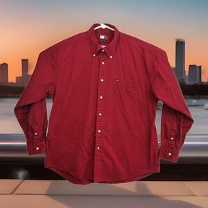 Vintage Tommy Hilfiger button-up men's shirt, size XL, long sleeves, red